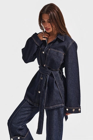 Kadın İndigo Renk 7w5-50 Kemer Detaylı %100 Koton Denim Trençkot