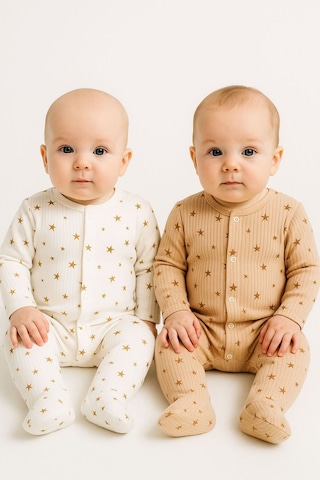 Bebe Wini Kahve Ve Ekru Yıldızlı % 100 Pamuk 2 Li Patikli Tulum Kahverengi