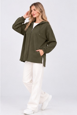Fiolin Kristal 2 İplik Salaş Fermuarlı Sweatshirt Haki