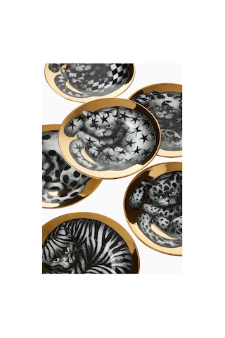 Fornasetti High Fidelity, Italyan Tasarımı 6 Lı Porselen Fincan Ve Tabak Seti Siyah