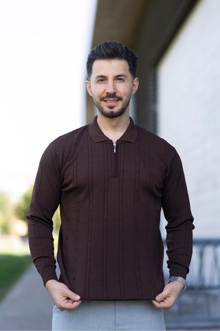 Hk Premium Triko Kazak Polo Yaka Fermuarlı Slim Fit Kahverengi