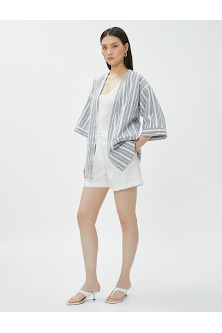 Koton Oversize Keten Kimono Cepli Kısa Kollu Çizgili Multi Renkli 3sak50189uw 3SAK50189UWCSM Çok Renkli