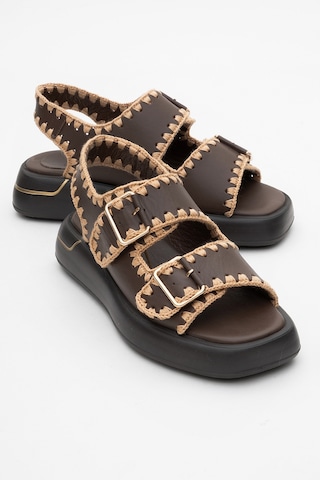 Luvishoes Douro Kahve Cilt Hakiki Deri İp Örme Detaylı Kadın Sandalet Kahverengi