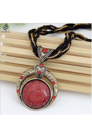 El Dokuması Bohem Pirinç Boncuklu Retro Etnik Tarzda Yuvarlak Değerli Taş Kolye Kırmızı