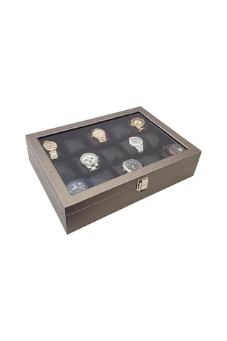 15 Li Diamond Gri Deri Ahşap Camlı Saat Kutusu St15-59 Genel