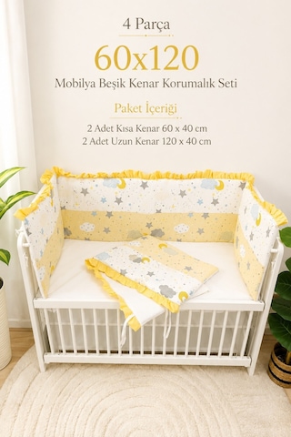 60x120 Mobilya Beşik Kenar Koruma Seti - 4 Parça Rüya Serisi Sarı Fırfırlı