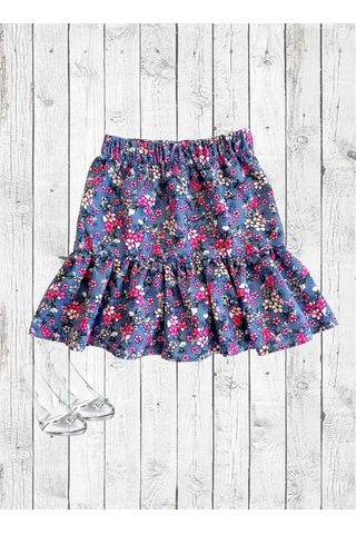 Çiçek Desenli Fırfırlı Çocuk Etek Koyu Gri Mavi Renk Tonunda Grimavi Fırfırlı Gri - Mavi