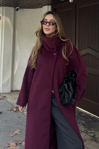 Bordo Vittoria Düğmeli Yaka Kaban - 2511 Bordo