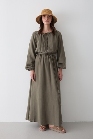 Çağla Bağlama Detaylı Müslin Elbise - 2004 Çağla