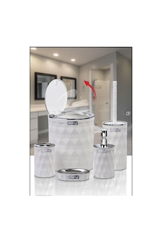 Okyanus Home Diamond Beyaz Kromlu Click Kapak 5'li Banyo Seti Beyaz