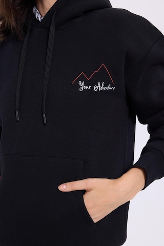 Tudors Kadın Oversize Geniş Kesim Pamuklu Yumuşak Dokulu İçi Polarlı Baskılı Siyah Kapüşonlu Sweatshirt-41535 SiYAH