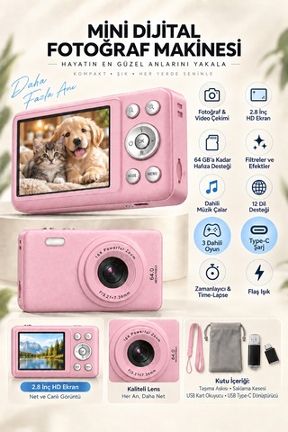 Mimtec Blm-105 Mini Dijital Fotoğraf Makinası - 2.8" Hd Ekran 12 Farklı Dil Seçenekli Dijital Video Kamera Pembe