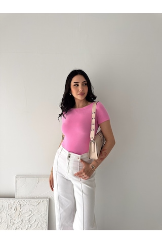 Elaxi Kadın Kısa Kollu Kayık Yaka Buzy Kumaş Tişört Pembe