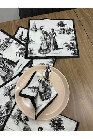 Toile De Jouy Paris Amerikan Servis 6 Lı Set 30x30 Cm %100 Pamuk Dijital Baskılı Klasik Fransız Tarzı Masa Dekoru - Zt720 Siyah