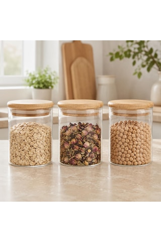 3'lü 300 Ml Bambu Kapaklı Cam Kavanoz Seti, Silikon Contalı Şeffaf Baharatlık Ve Saklama Kabı, Çay Kahve Şeker Baharat Kuruyemiş Kavanozu Çok Renkli