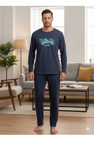 Erkek Uzun Kol Kışlık Pijama Takım Koyu Mavi