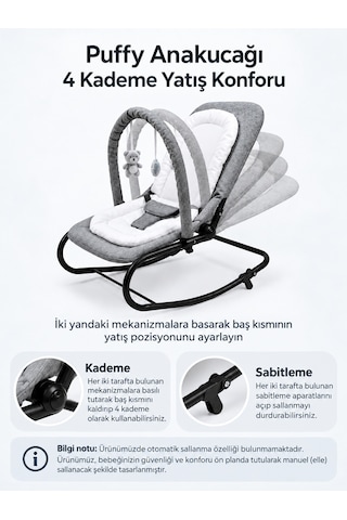 Puffy Keten Anakucağı - Hazır Kurulu Gelir- Sallanır - 4 Kademe - Anadizi Sabitlenebilir-gri