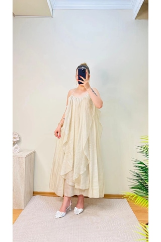 Elora Atelier Büzgülü Askılı Ekru Maxi Boy Elbise Çok Renkli