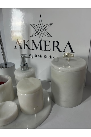 Akmera Elite 7 Parça %100 Gerçek Mermer Banyo Seti Beyaz - Gri