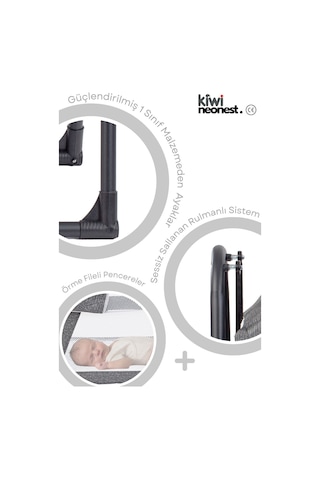 Kiwi Neonest Anne Yanı Cibinlikli Ve Tenteli, Sallanır. Keten , Portatif Sepet Beşik Siyah