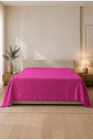 %100 Pamuk Dokuma Pike Çift Kişilik 200x230 Dama Desenli Saçaklı Pike Yatak Örtüsü Pembe