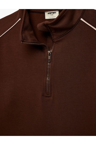 Koton Dik Yaka Uzun Kollu Modal Karışımlı Yarım Fermuarlı Crop Sweatshirt Kahverengi 6skg10224ak Kahve