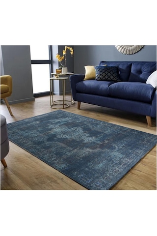 Blues Şönil Vintage Desenli Dokuma Taban Dekoratif Halı Kilim Yolluk Dijital Baskı Halı Yıkanabilir