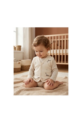 Minory Baby - %100 Pamuk Bebek Yeleği Dinozor Motifli Bej Bej