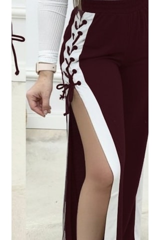 Tua Moda Kadın Yüksek Bel Yandan Çapraz Bağcıklı Yırtmaçlı Viskon Iki Iplik Pantolon Bordo