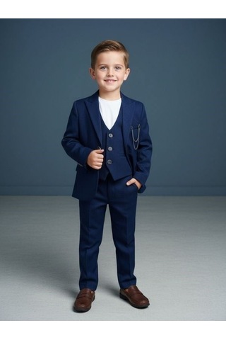 Zekids Erkek Çocuk Slim Fit 3 Lü Takım Elbise Ceket + Yelek + Pantolon -10333 Lacivert