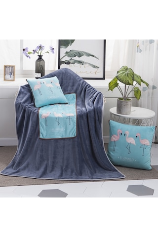 Sones Flamingo Desenli Çok Amaçlı Peluş Battaniye Kare Yastık Yorgan Ofis Araba Yastığı Minder, Boyut: L