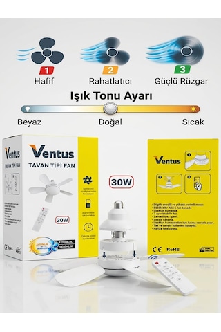 Ventus Sessiz Çalışma 5 Fan Kanat Ve Işıklı Uzaktan Kumandalı Tavan Tipi Vantilatör