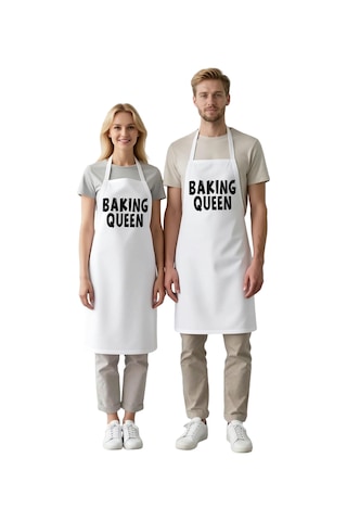 Kadın Unisex Mutfak Aşçı Önlüğü Baskılı Boyundan Bağlamalı Rahat Beyaz