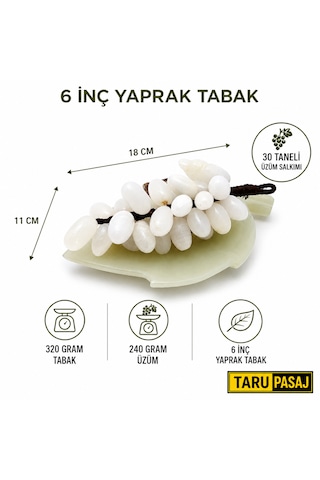 Doğal Oniks Taş Yaprak Tabak & 30 Taneli Üzüm Salkımı Feng Shui Dekor Objesi Beyaz