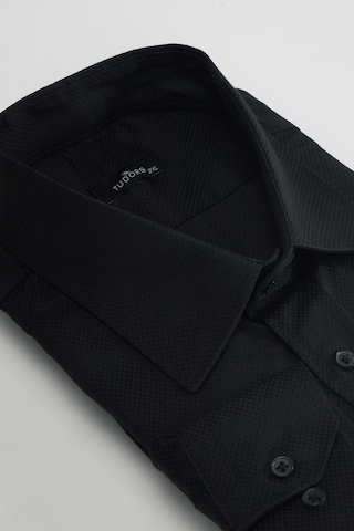 Tudors Büyük Beden Kolay Ütü Kravatlık Armürlü Pamuklu Erkek Gömlek-31398-siyah Siyah