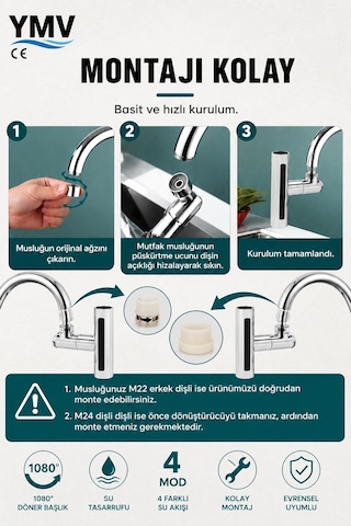 Ymv 4 Modlu Şelale Musluk Başlığı Ayarlanabilir Mutfak Lavabo Batarya Ucu Aparatı 360 Ayarlanabilir Dönerli Musluk Başlığı