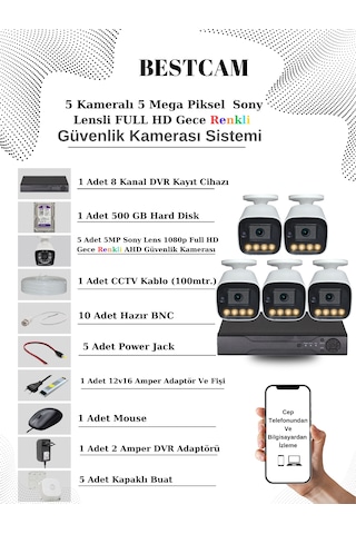 5 Kameralı Set 5 Mp Sony Lensli Full Hd Gece Renkli Set 500gb Hdd