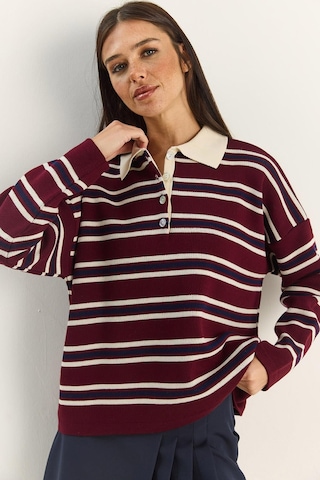 Shade Polo Yaka Çizgili Basic Triko Kazak 20258061 - Bordo