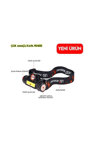 1200 Lümenli Cob Ledli Şarjlı Kafa Feneri Siyah