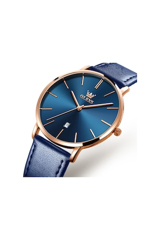 Olevs 5869 Erkekler İş Su Geçirmez Hakiki Deri Kayış Kuvars Saat Mavi + Mavi