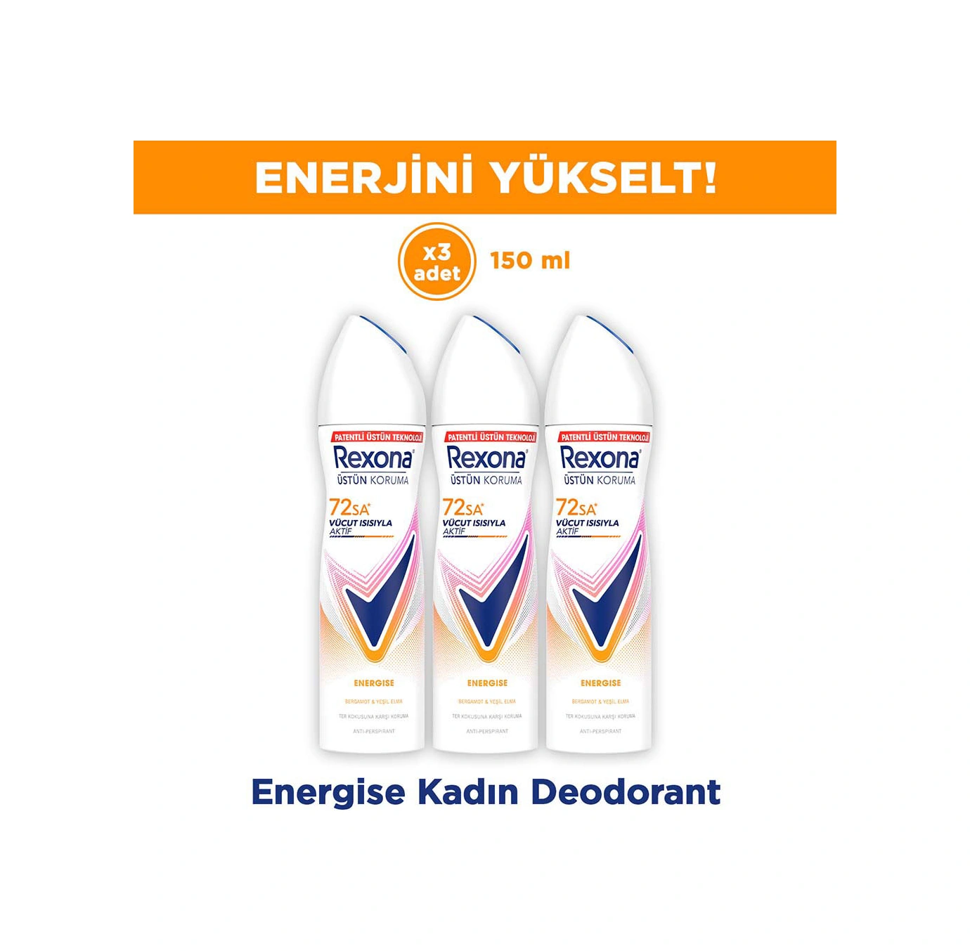 Rexona Kadın Sprey Deodorant Energise Bergamot & Yeşil Elma 150 Ml X3
