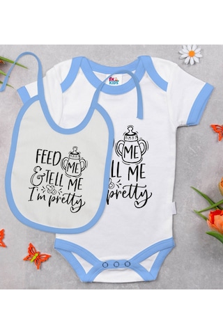 Bk Kids I'm Pretty Tasarımlı Mavi Bebek Body Zıbın Ve Mama Önlüğü Çok Renkli