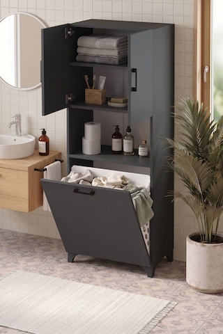 Çok Amaçlı Dolap Banyo Dolabı Kirli Çamaşır Sepeti Dolabı Damla Antrasit