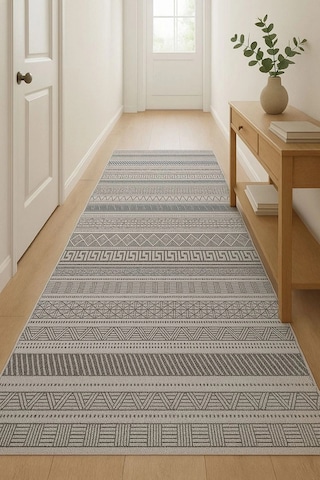 Gri Renk Etnik Desen Modern Halı Dekoratif Kilim
