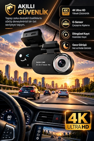 4k Yapay Zekâ Destekli Ön Arka Araç Kamerası + 24 Saat Park Kayıt Kiti Hediye, Wifi, Gece Görüşü-15117