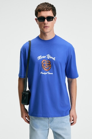 Grimelange CRISP Erkek Oversize %100 Pamuk Baskılı Yuvarlak Yaka Saks Mavi T-Shirt