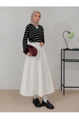 Unika Boutique Kadın Scuba Beli Lastikli Kloş Etek Beyaz