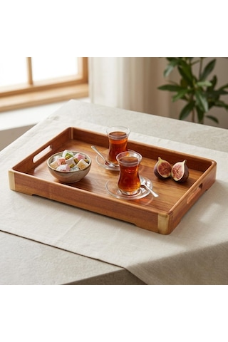 Büyük Boy Akasya Ahşap Sunum Tepsisi 40x28 Cm - Doğal Ahşap Çay, Kahve Ve Kahvaltı Tepsisi, Kulplu Tasarım