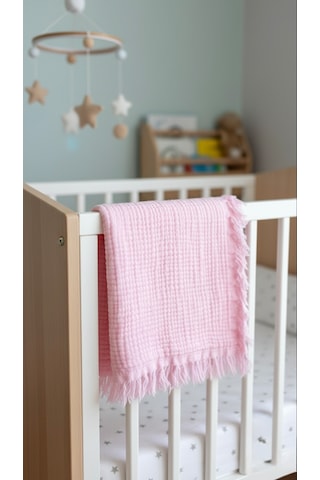 4 Katlı %100 Pamuk Müslin Saçaklı Bebek Battaniye (100x120 cm)(250 Gram) Açık Pembe