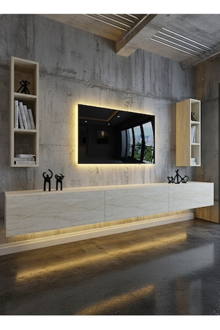 Resital Ledli Duvara Monte Tv Sehpası - Traverten - W6007-8 Traverten